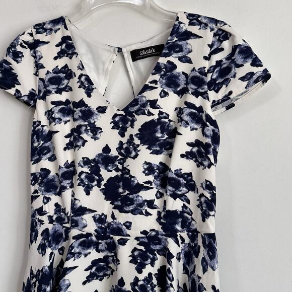 Lulus Skater Dress M Fit Flare Blue Floral Summer Party Shower Summer Cap Sleeve - Picture 4 of 9
